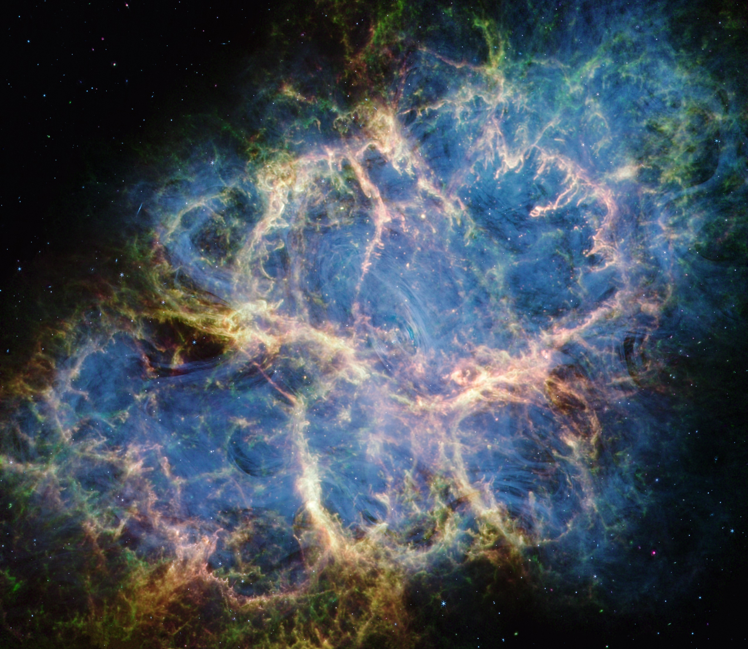 The Crab Nebula, the glowing filamentary remnant of a supernova